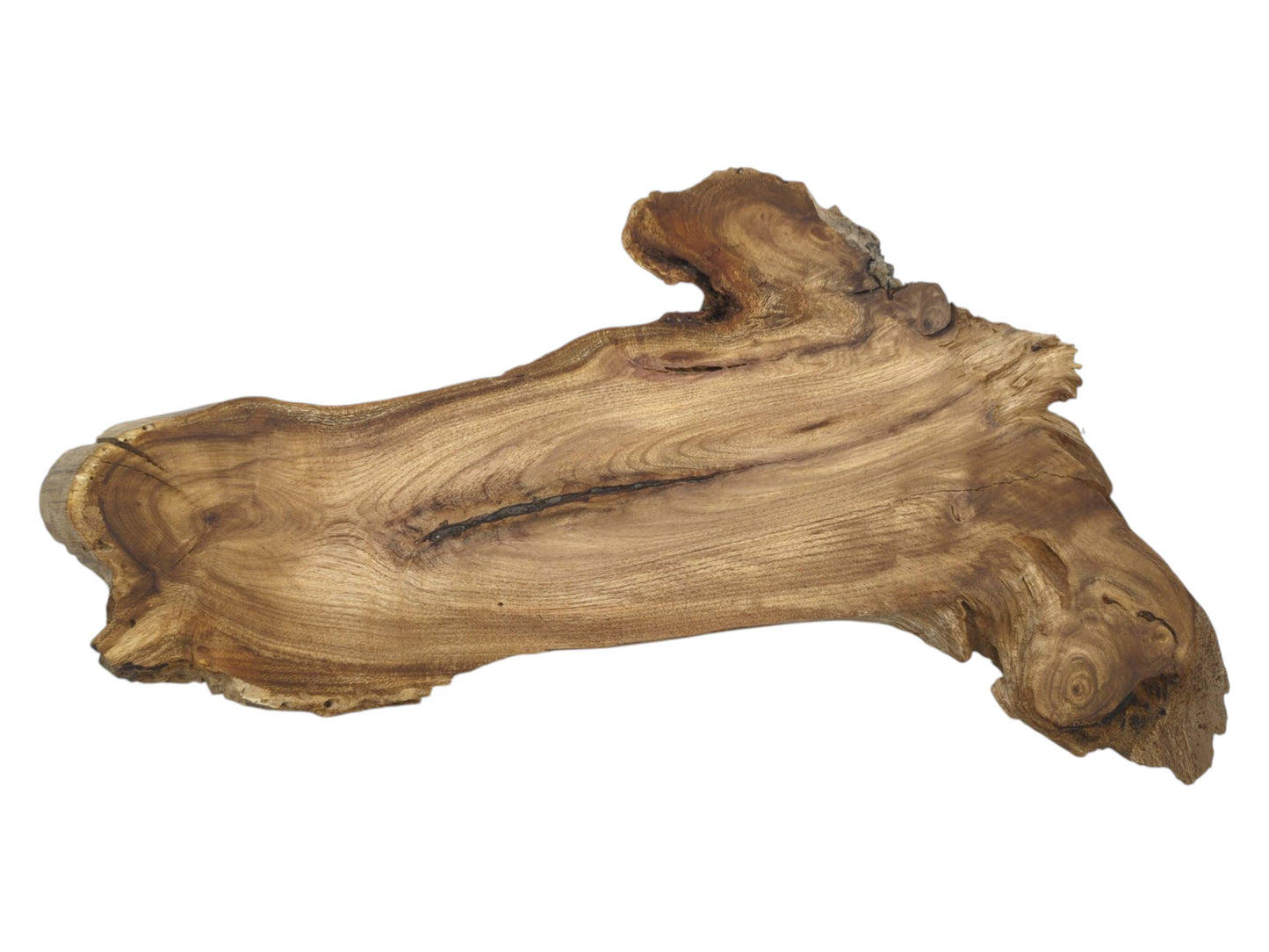 Undulating grain patterns flow around a dark central fissure on this rustic, natural-edge timber piece.