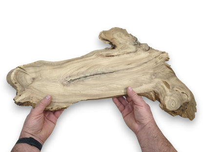 A pair of hands presents a long, rugged timber plank with a dark central split.