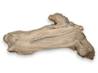 A natural-edge wood piece features a long dark crack, swirling grain, and a gnarled burl.