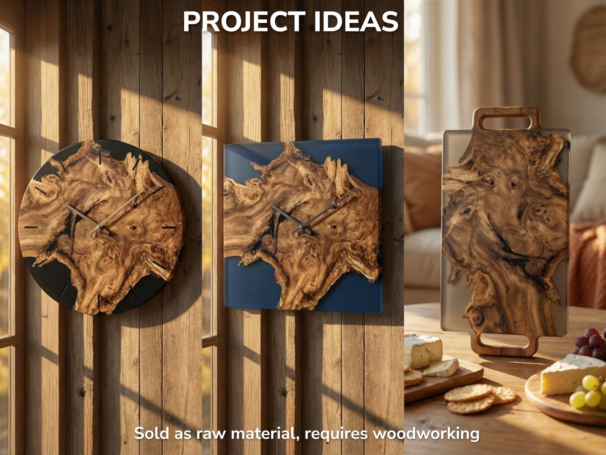 A collage shows a gnarled wood slab with resin, crafted into two clocks and a tray.