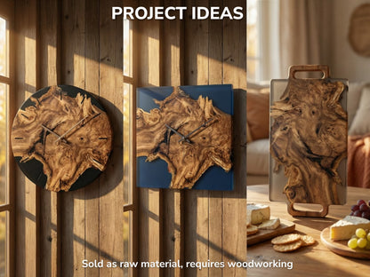 A collage shows a gnarled wood slab with resin, crafted into two clocks and a tray.