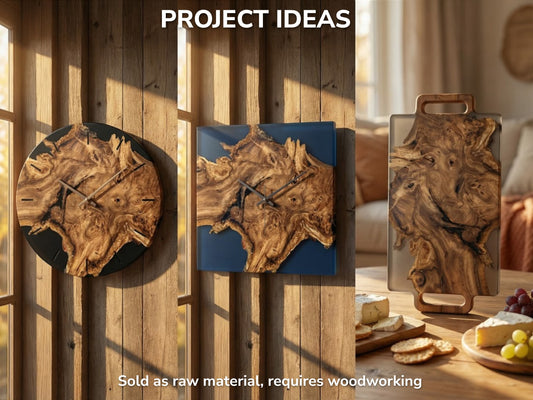 A collage shows a gnarled wood slab with resin, crafted into two clocks and a tray.