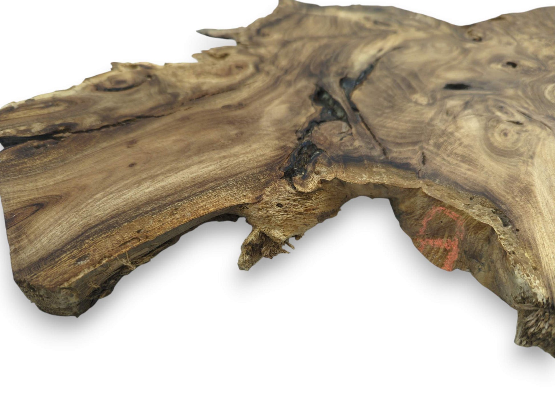 A close-up on a timber slab reveals a dark fissure and a rough, textured perimeter.