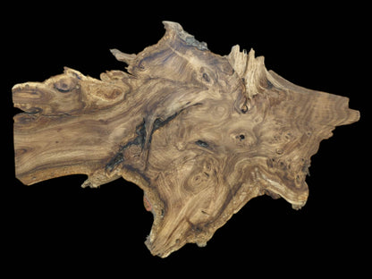 A flat-laid timber piece reveals topographic grain patterns and numerous burls against a black background.