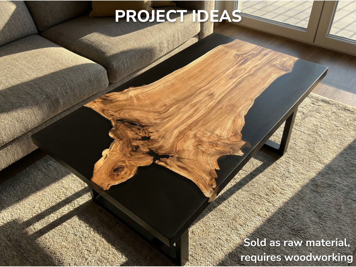 A gnarled wood section with flowing grain and voids is preserved in a black tabletop.