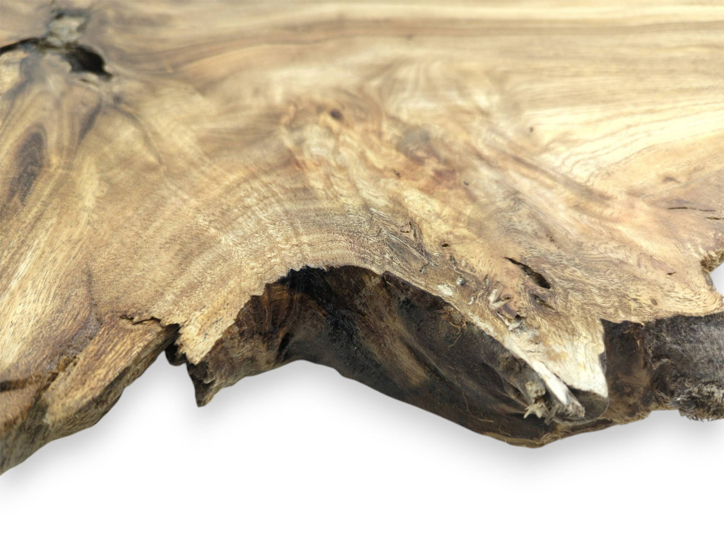 A raw, fissured edge with dark bark meets a smooth, golden-toned lumber surface.
