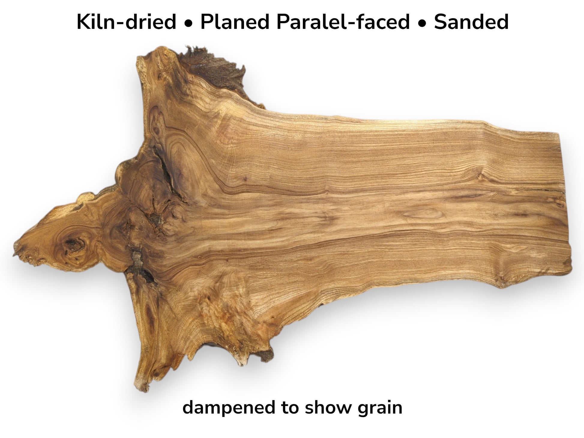 A gnarled burl formation transitions into smooth, linear grain on this unique timber slab.