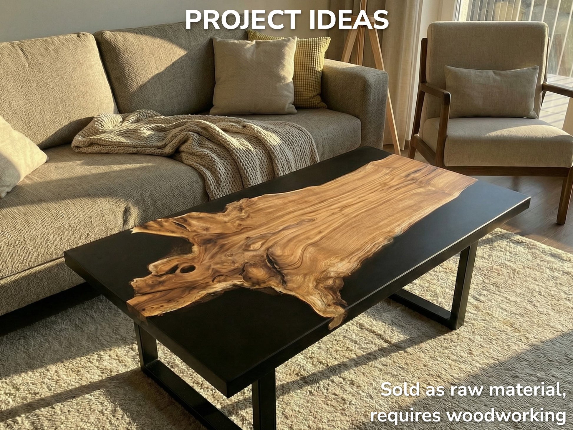 A highly figured root slice with a winding, organic edge, set into a black resin tabletop.