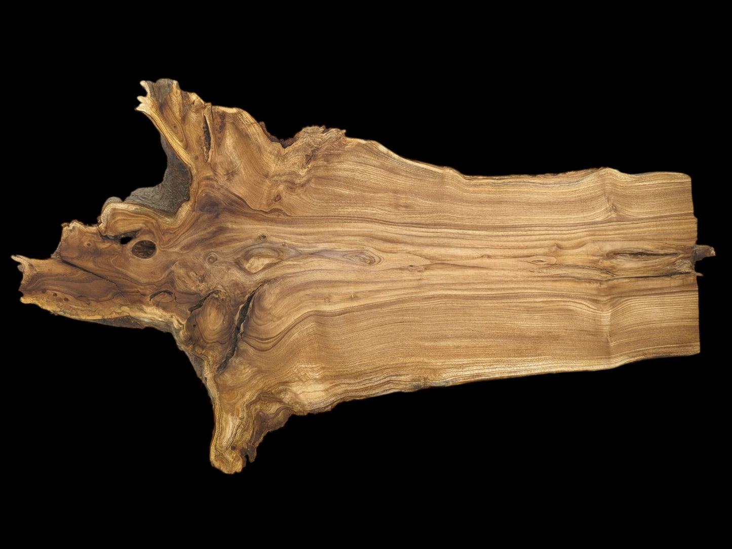 A timber cross-section shows a complex burl with a void and long, flowing grain.