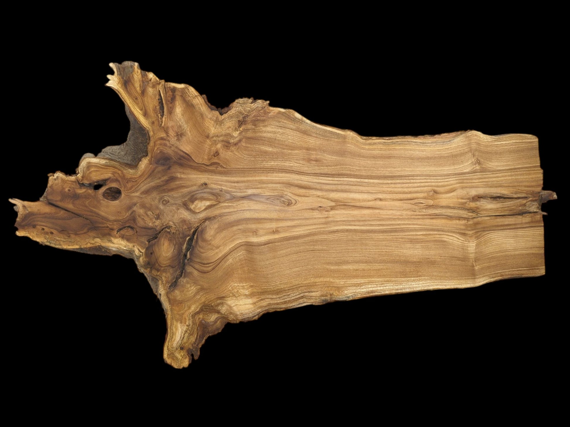A timber cross-section shows a complex burl with a void and long, flowing grain.