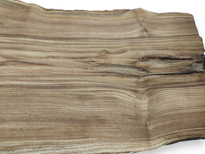 An angled view shows a lumber plank with wavy grain and a dark central fissure.