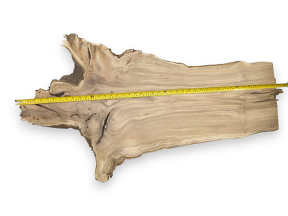 A yellow measuring tape is stretched across a long, raw timber plank with irregular edges.