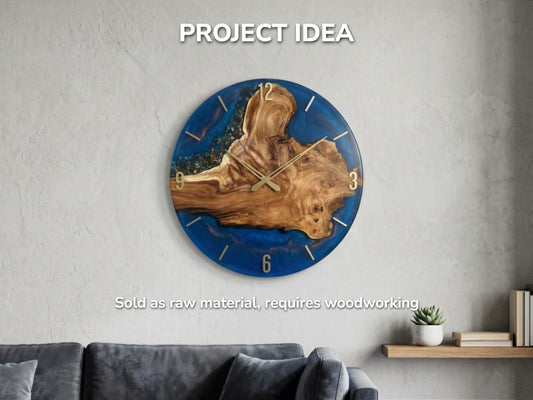 A golden-grained wood burl floats in deep blue resin, crafted into a modern clock.