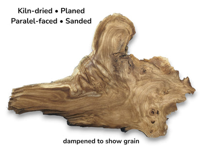 A gnarled wood section with a rugged live edge reveals complex, swirling grain patterns.