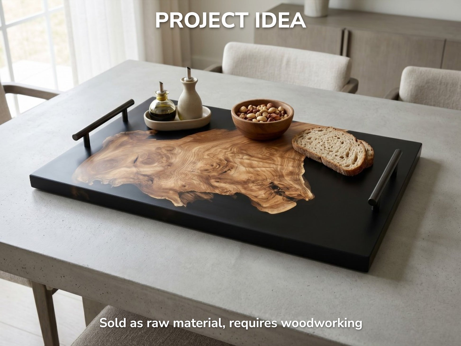 Golden-hued lumber with a winding live edge contrasts sharply within a matte black tray.