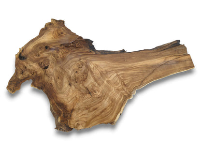 A raw hardwood piece displays dense, clustered knots flowing into a smooth, straight-grained end.