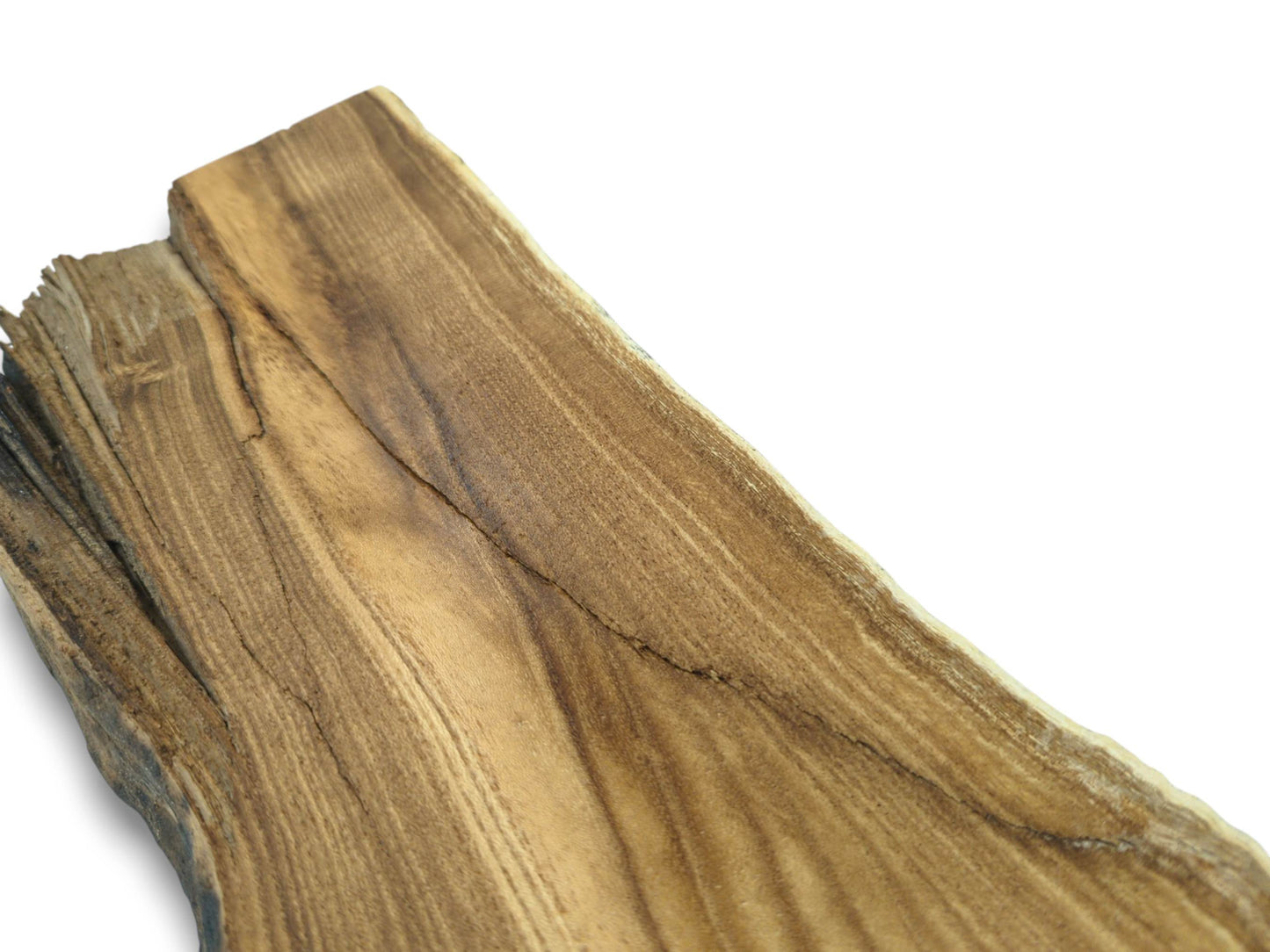 A long fissure runs diagonally across a raw lumber plank with a rough, splintered end.