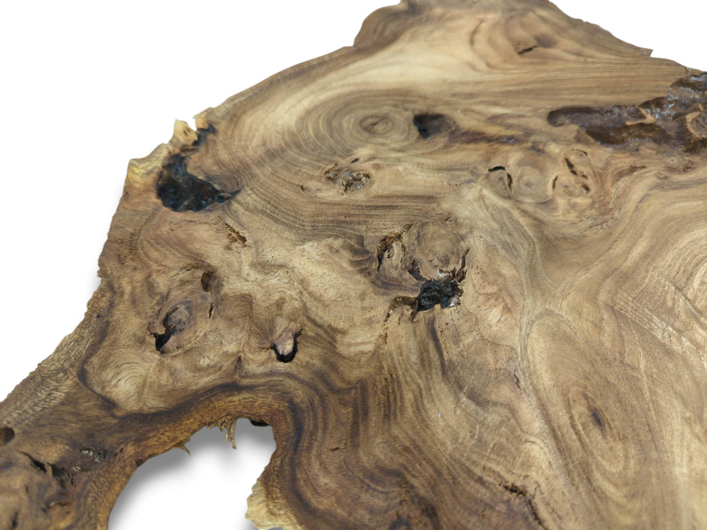 A close-up on a raw wood section reveals intricate, whorled grain patterns surrounding dark knots.