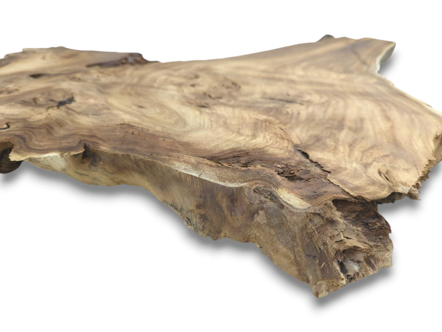A thick, unfinished timber piece displays a contoured surface and a coarse, textured live edge.