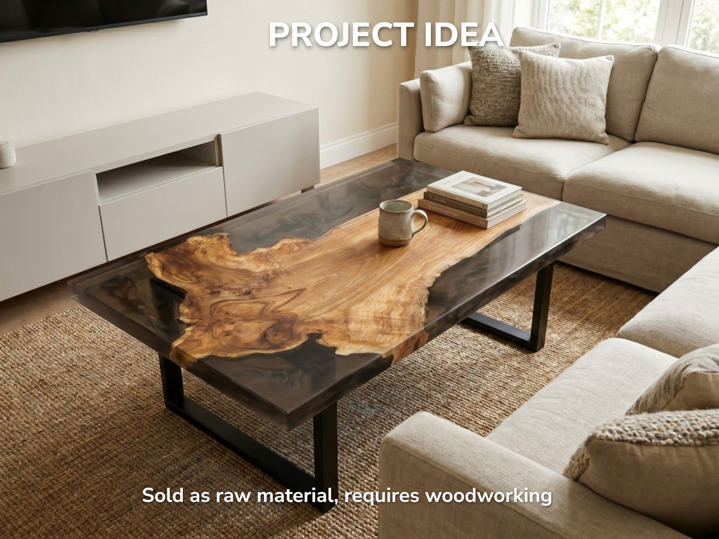 A golden, burled timber slab with a natural edge is encased in smoky epoxy.