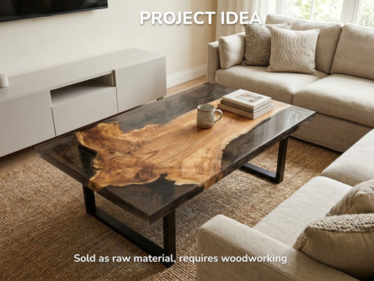 A golden, burled timber slab with a natural edge is encased in smoky epoxy.