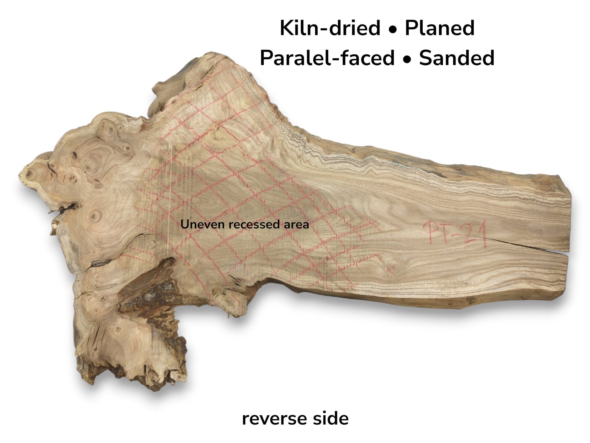 A raw wood plank with a knotty burl is marked with red crayon cross-hatching.