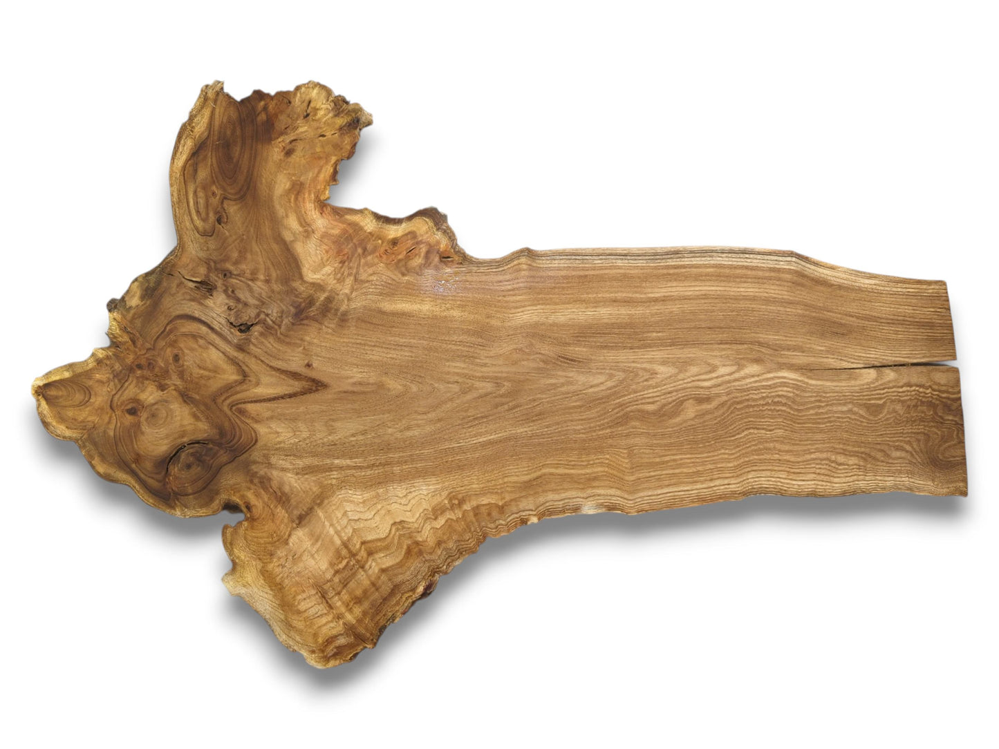 An arrow-shaped timber section displays swirling grain at its wide end and a central crack.