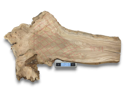 A gnarled timber piece with a red diamond grid is weighed on a digital scale.
