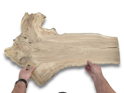 Hands hold an irregular timber piece with a wide, contoured flare and a split end.