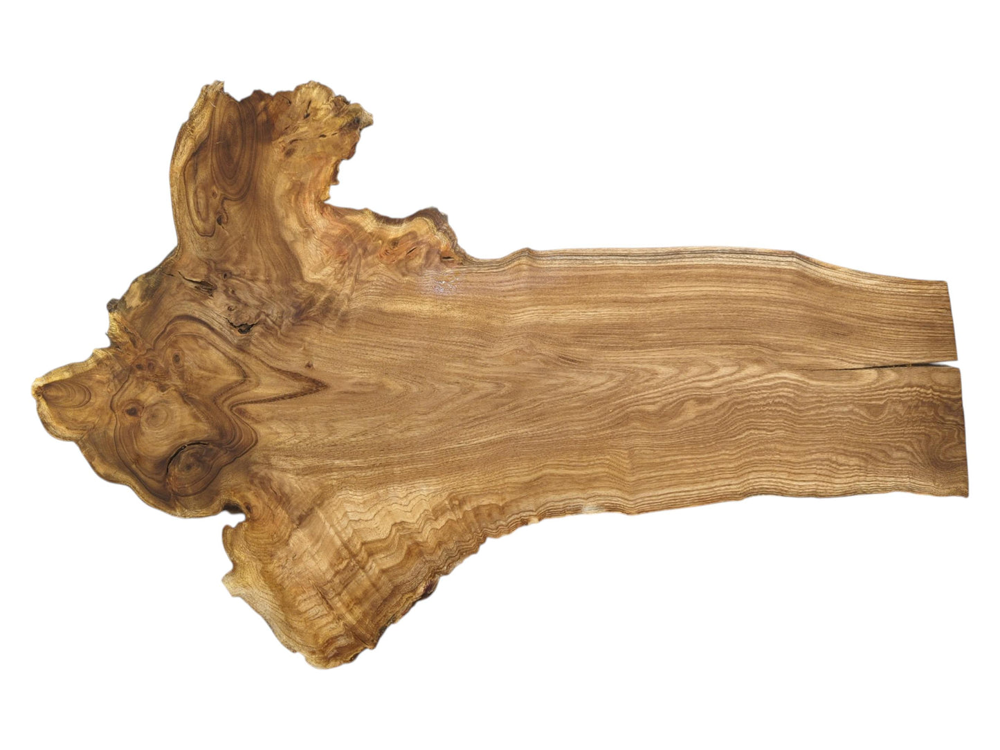 An irregular timber plank features a large, swirling burl at its wide, gnarled end.
