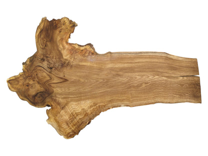 An irregular timber plank features a large, swirling burl at its wide, gnarled end.