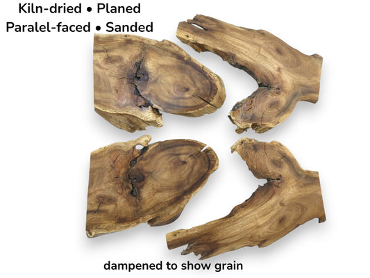Four kiln-dried, planed, parallel-faced, and sanded Japanese Pagoda Tree root wood slices.