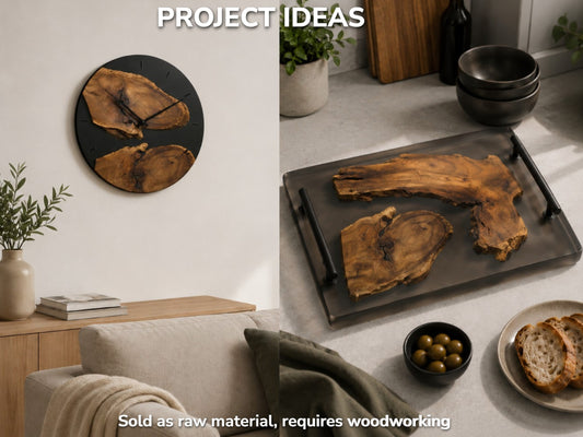 Two Japanese Pagoda Tree root wood slices on a tray, with a clock on the wall.
