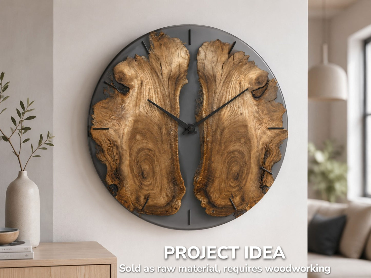 A large round clock with two bookmatched Japanese Pagoda Tree root slices and black hands.