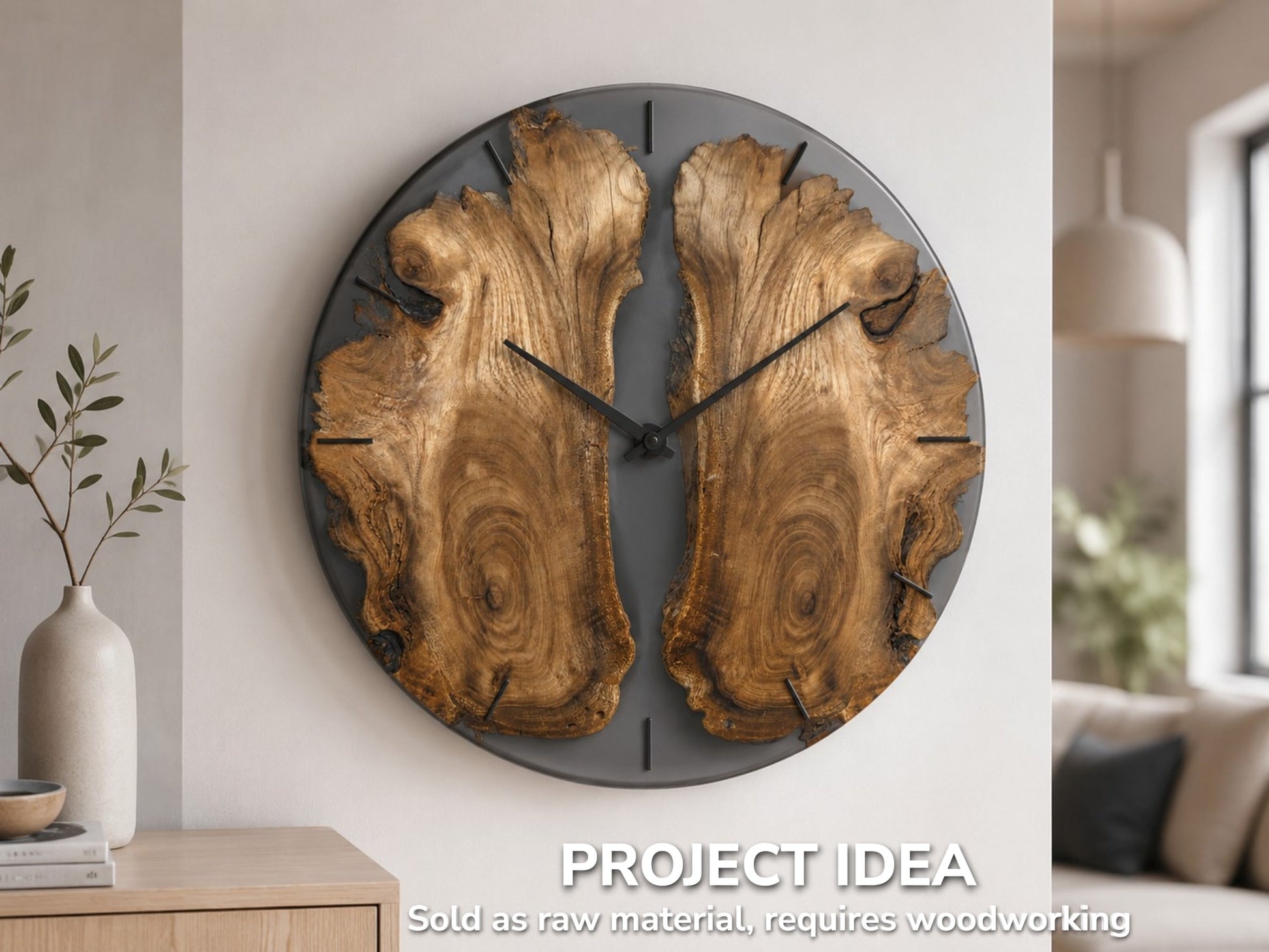 A large round clock with two bookmatched Japanese Pagoda Tree root slices and black hands.