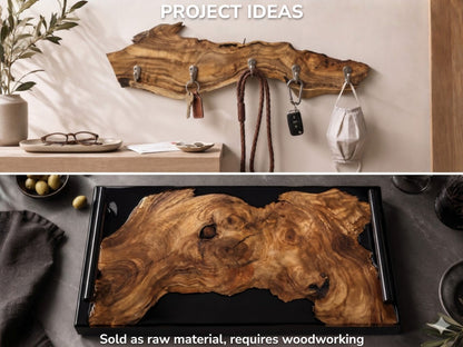Two highly figured Japanese Pagoda tree root slices, one as a wall hook, one in a tray.