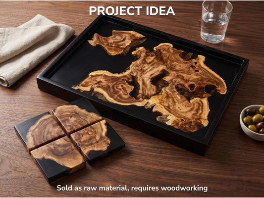 Japanese Pagoda Tree wood slices with live edges set in black epoxy resin tray and coasters.
