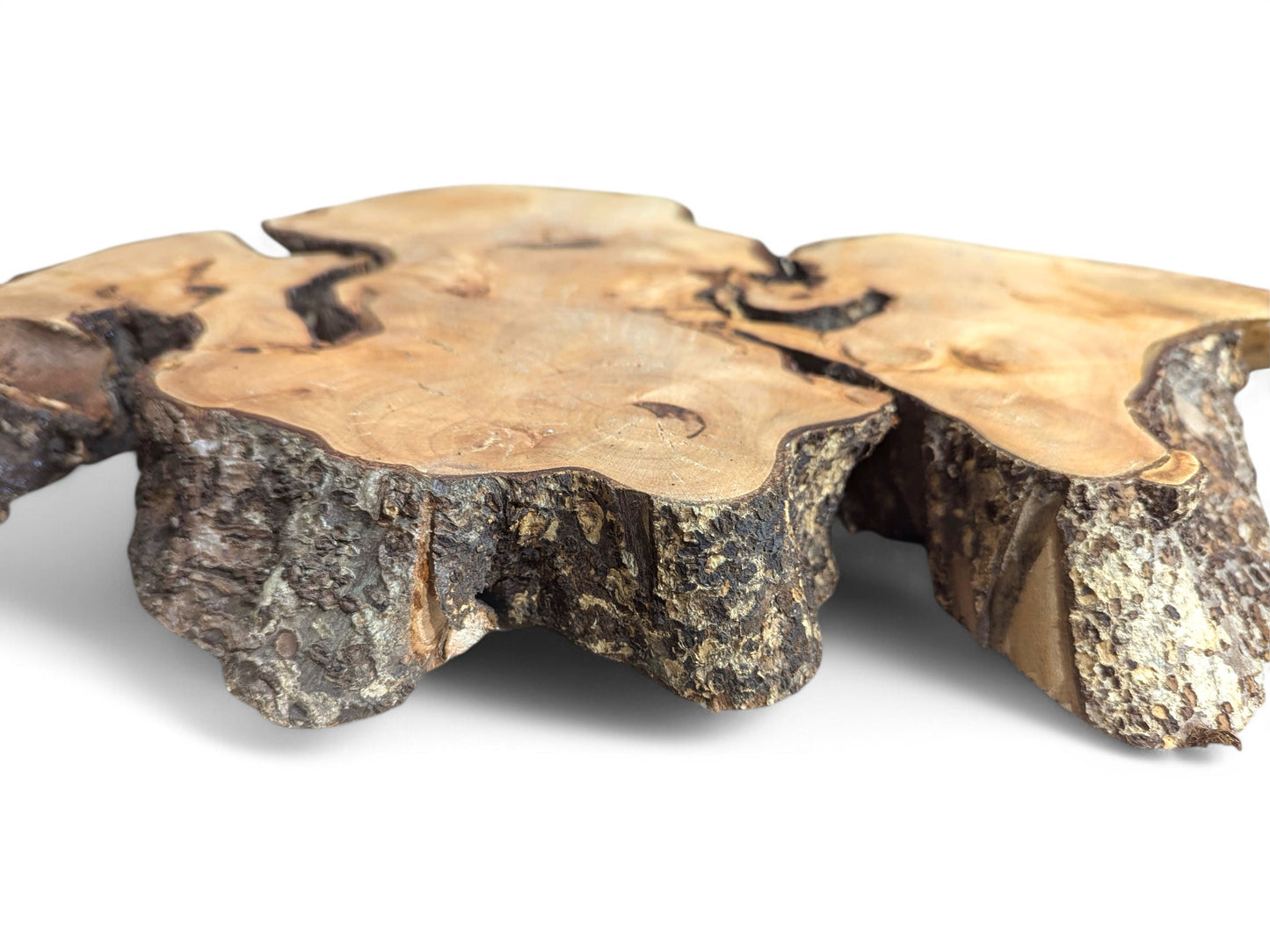 Planed linden root wood slice with irregular shape, light wood grain, and natural dark bark.