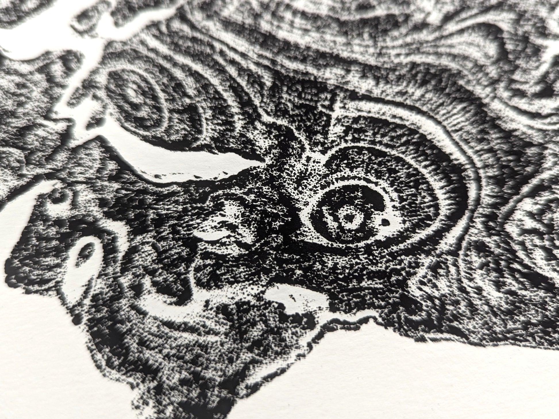 Hand-pulled monoprint of a tree root impression with raised black, swirling organic patterns on white paper.