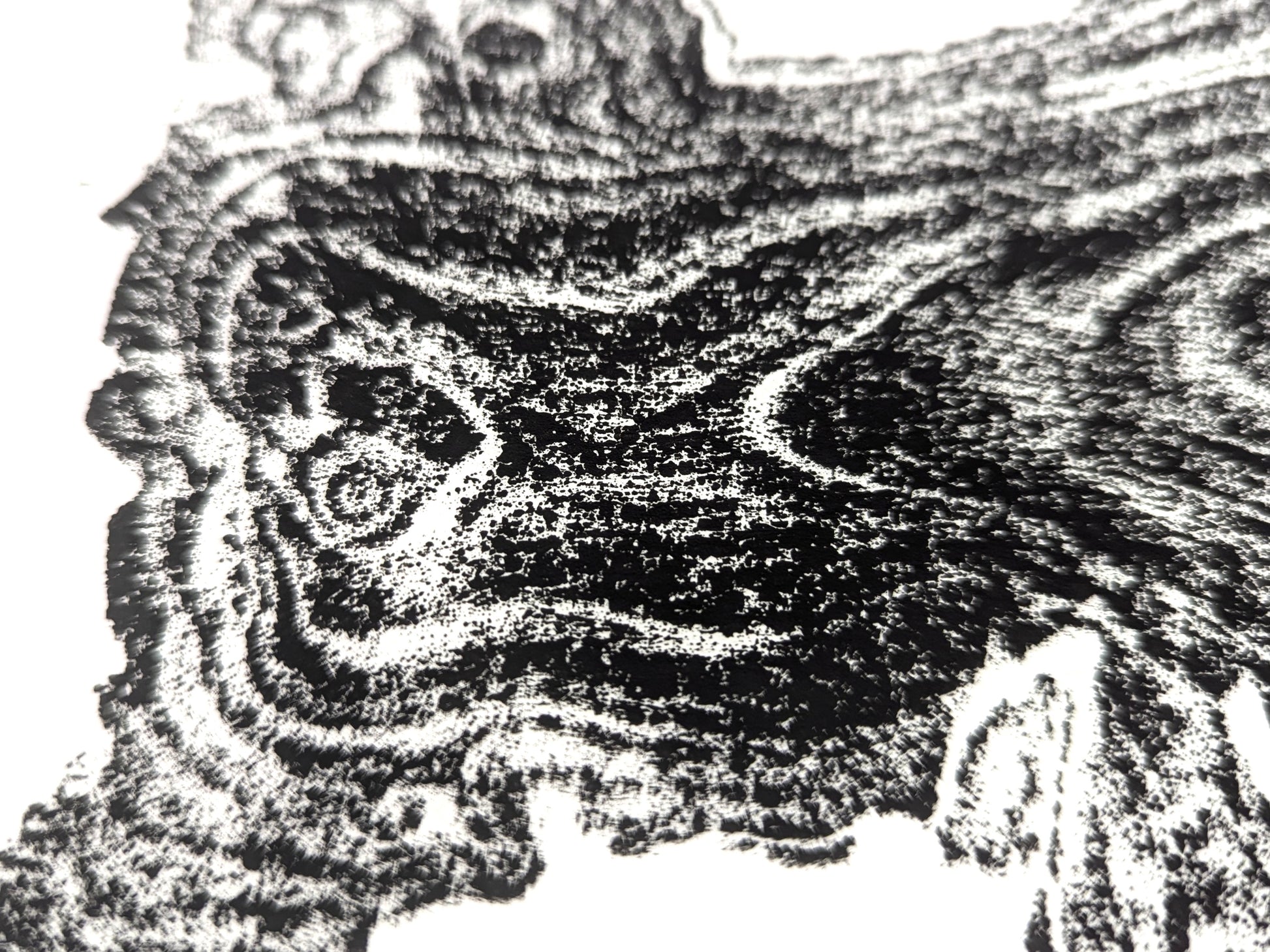 Textured black and white monoprint depicting an organic tree root slice impression with swirling wood grain patterns.