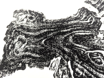 Detailed black monoprint of an irregular tree root impression with fine textured grain patterns on white paper.