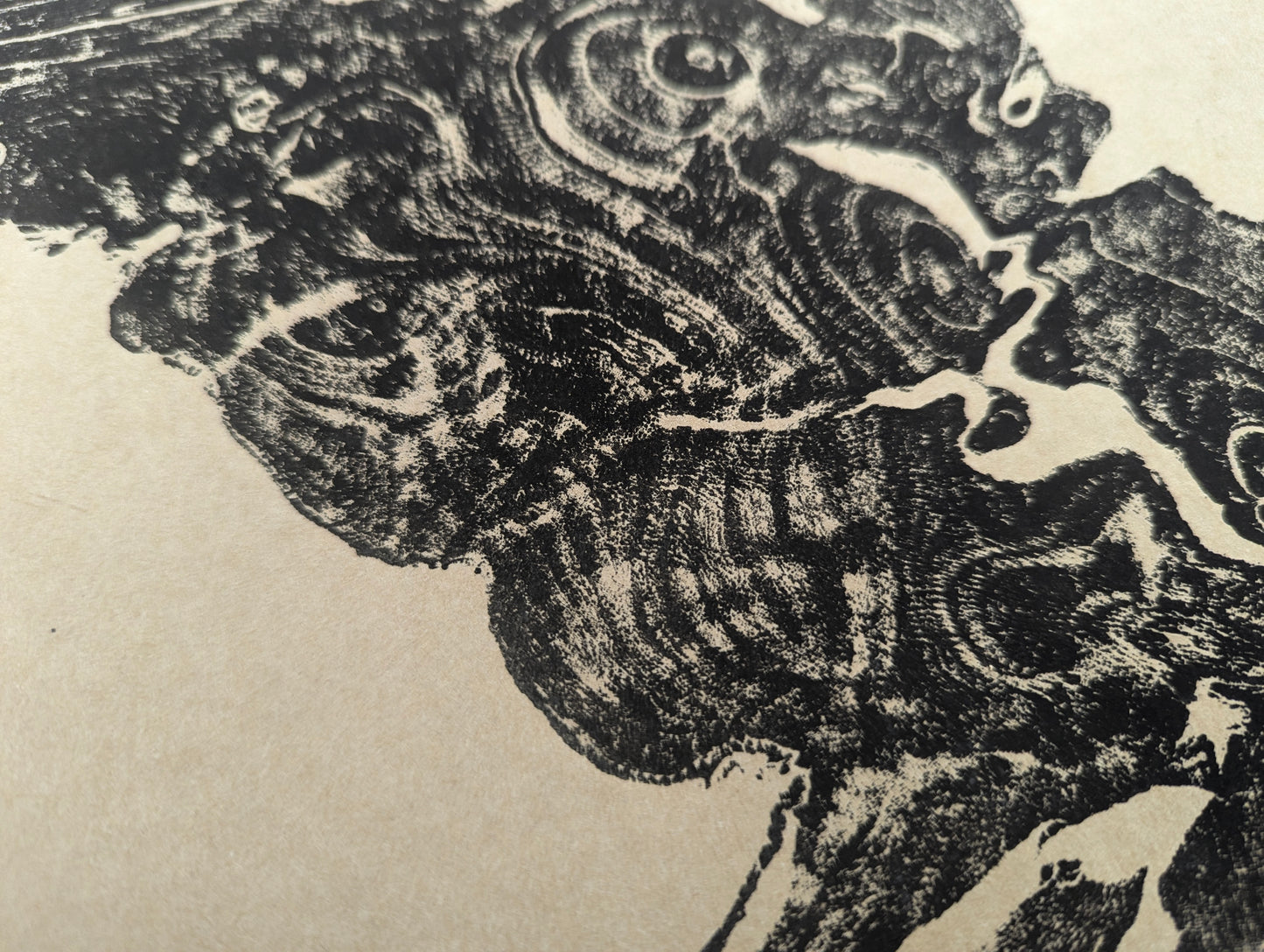 Black woodcut monoprint of a tree root slice impression, with detailed organic swirls on light beige paper.