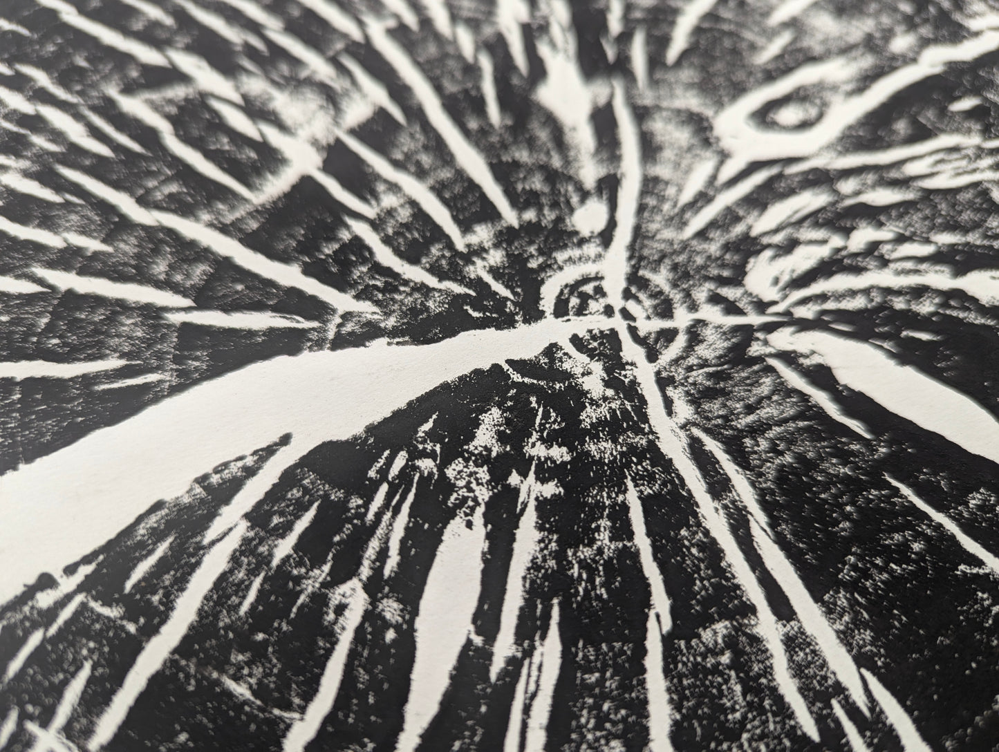 Angled close-up of a black and white print on paper, with textured dark areas and radiating white lines.