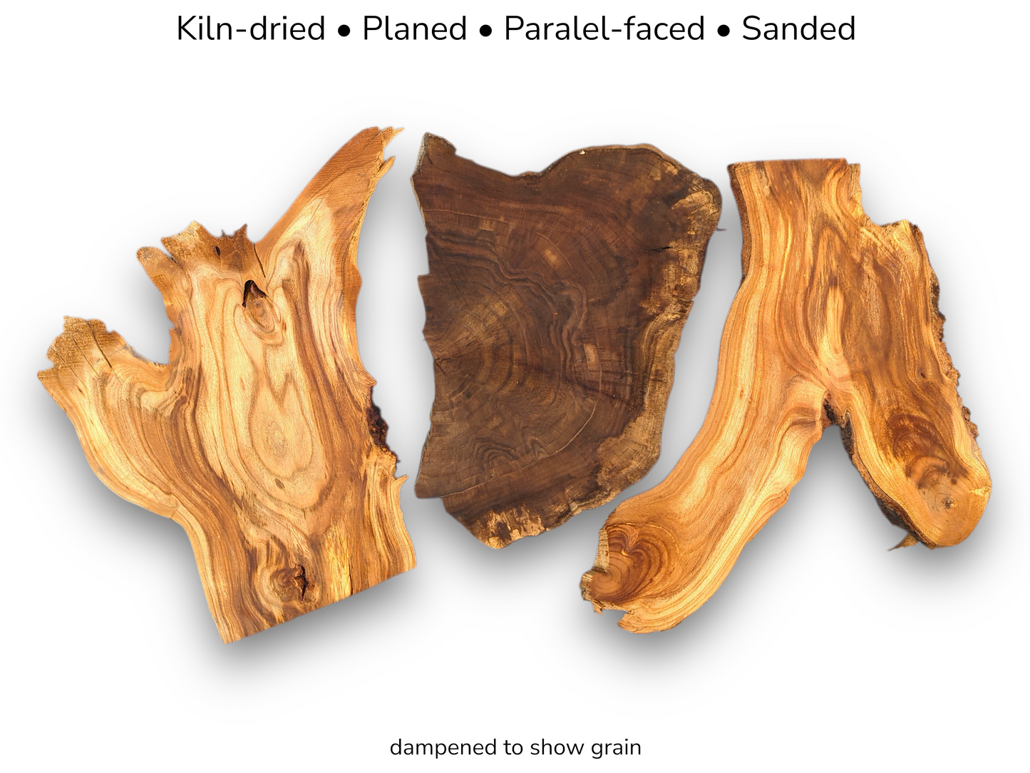 Three kiln-dried, planed, and sanded live-edge wood slices dampened to show their rich grain.