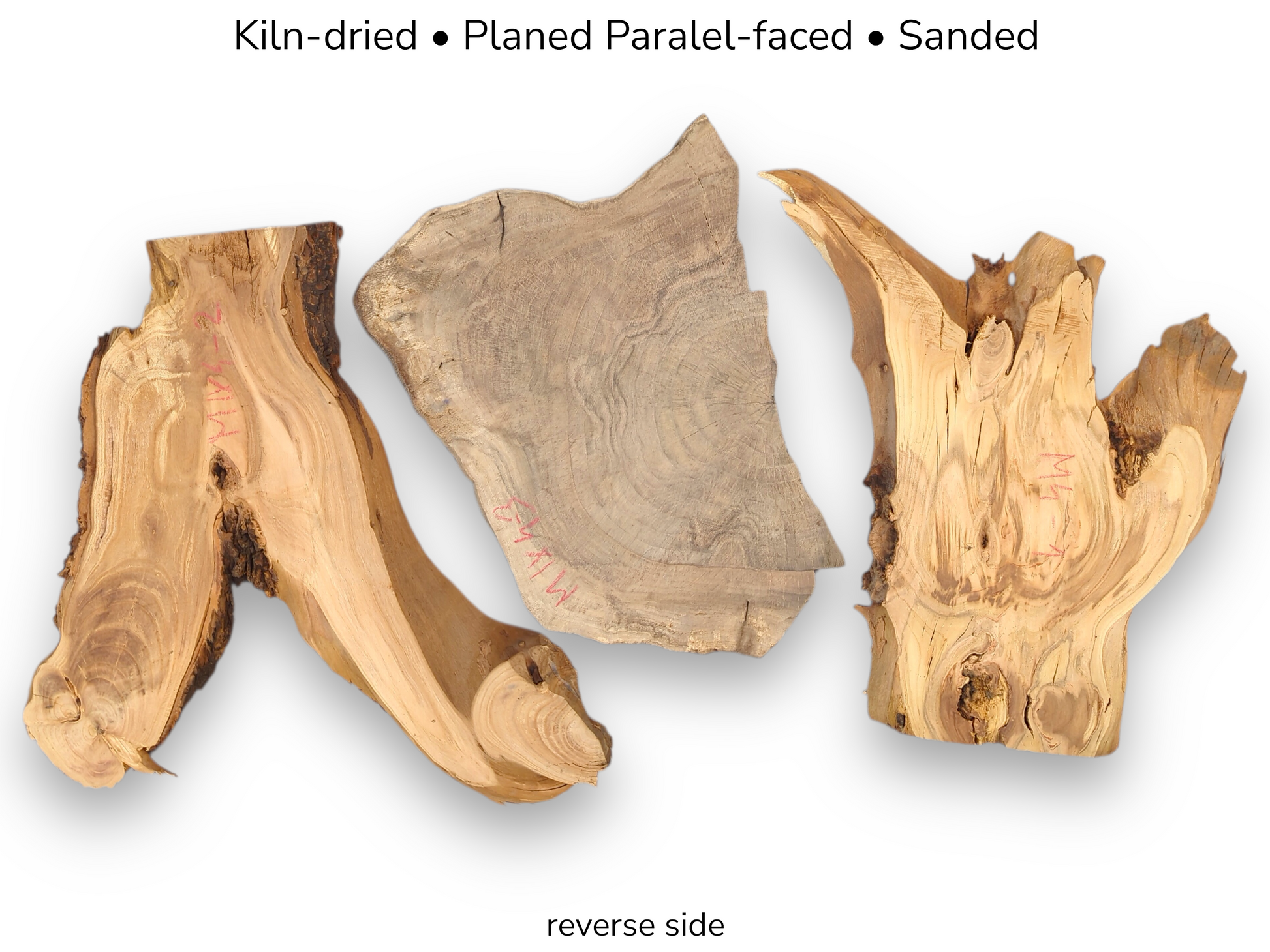 Image showing three kiln-dried, planed, sanded wood slices. Text overlays indicate preparation and "reverse side".