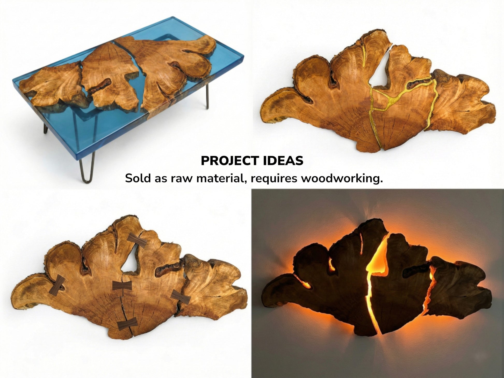 Collage showing project ideas: irregular cherry wood slices as a resin table, with gold, butterfly keys, or backlit.