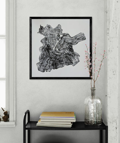 Black framed print of an irregular black tree root impression on white paper, above a shelf.