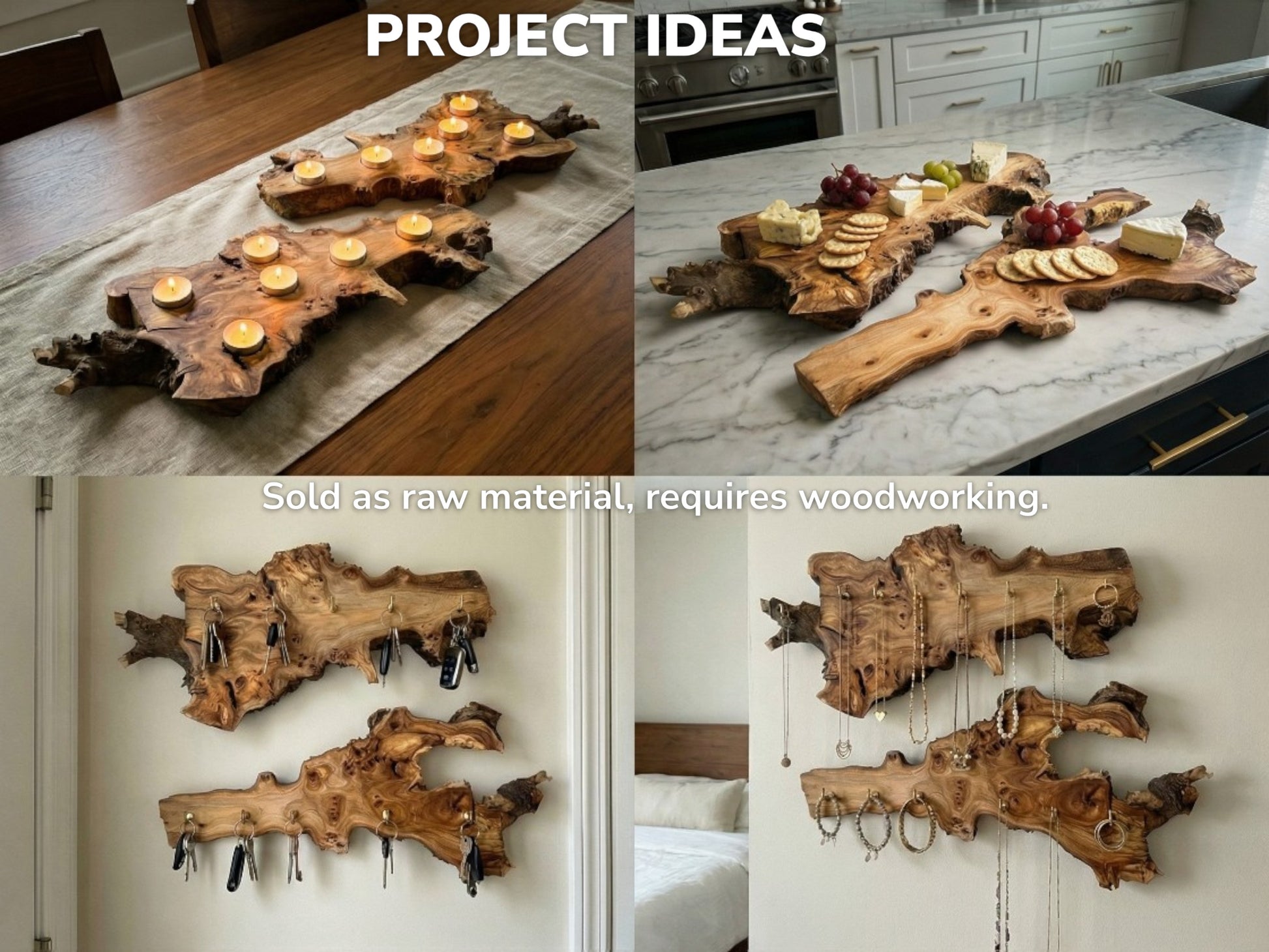 Collage with text displaying finished wood root slices as candle holders, serving boards, and wall organizers.