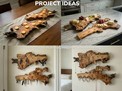Collage with text displaying finished wood root slices as candle holders, serving boards, and wall organizers.