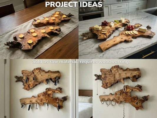 Collage with text displaying finished wood root slices as candle holders, serving boards, and wall organizers.